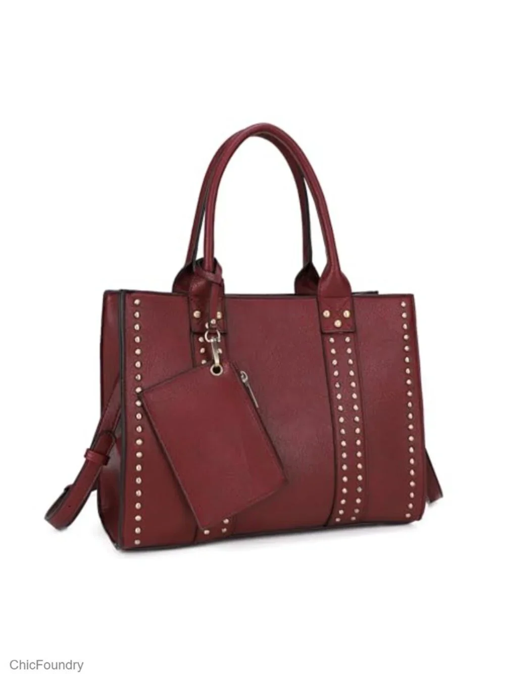 Vegan PU Leather Satchel Tote Handbag with Stud Accents Crossbody
